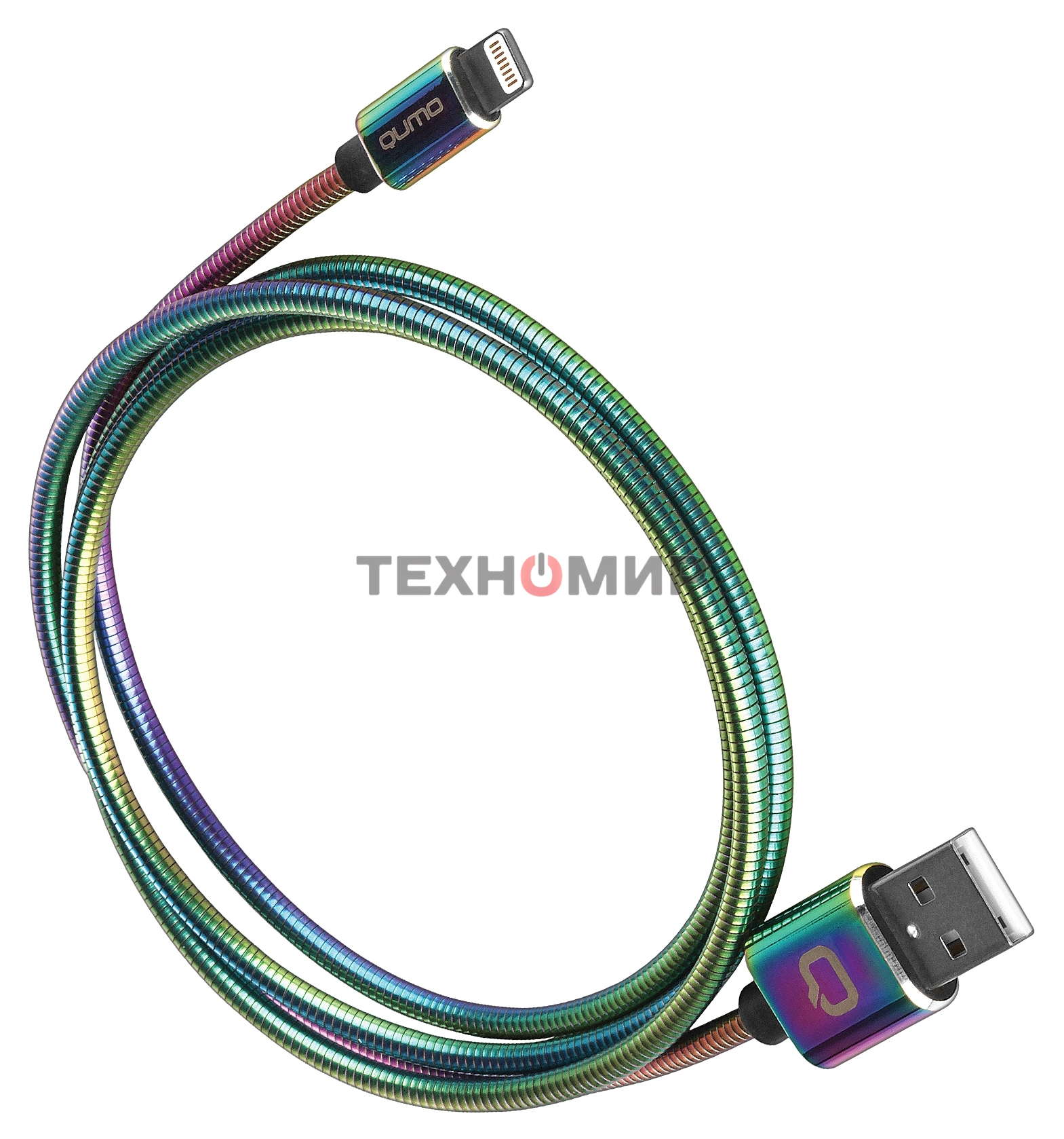 Кабель Qumo, MFI С48, USB-Apple 8 pin, 1м, 5В, 2,4A, 12Вт, опл. металл. пружинка, кон. металл, rainbow