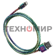 Кабель Qumo, MFI С48, USB-Apple 8 pin, 1м, 5В, 2,4A, 12Вт, опл. металл. пружинка, кон. металл, rainbow