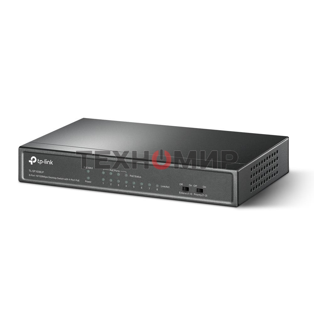 Коммутатор TP-Link 8-Port 10/100Mbps Unmanaged Switch with 4-Port PoE, metal case, desktop mount, PoE budget 41W.