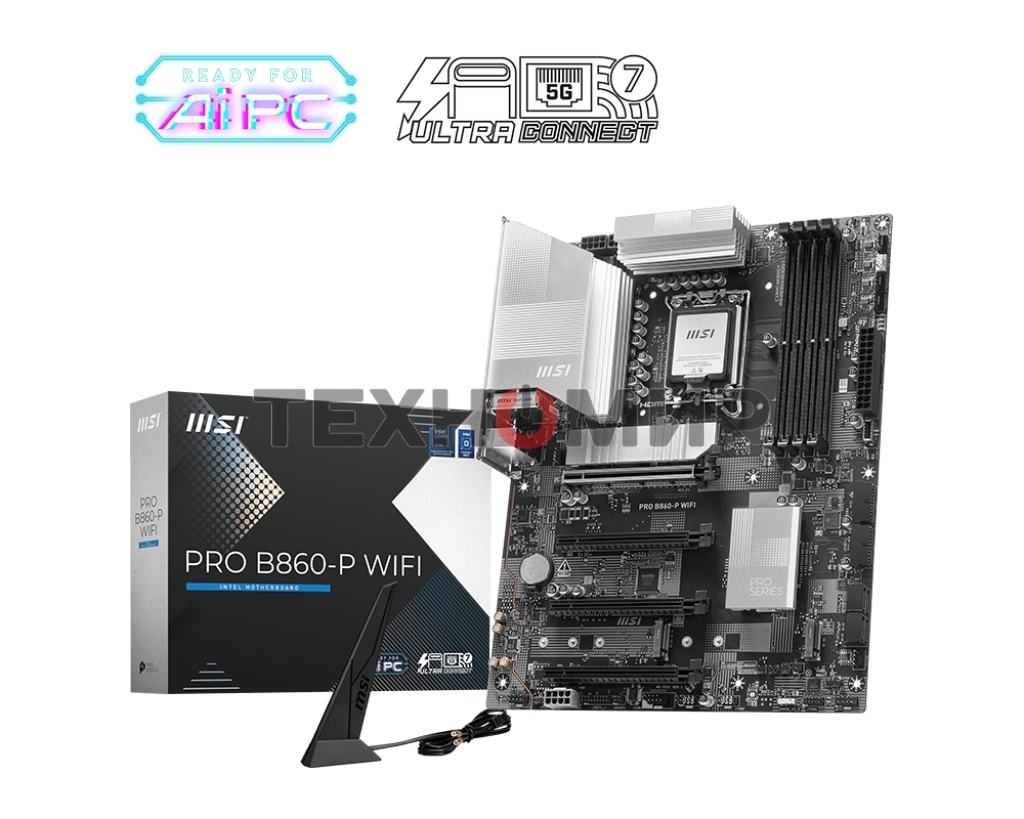 Материнская плата MSI PRO B860-P WIFI, LGA 1851, Intel B860, 4xDDR5, 4xSATA, 3xM.2, 1xPCIe 5.0 x16, 1xPCIe 4.0 x4, 2xPCIe 4.0 x1, 1xHDMI, 1xDP, 1xUSB-C, 1x 5Gb LAN, 2xUSB-A 3.2 Gen 2, 2xUSB-A 3.2 Gen 1, 4xUSB-A 2.0, 3x3.5 мм, 7.1, Wi-Fi 7, ATX