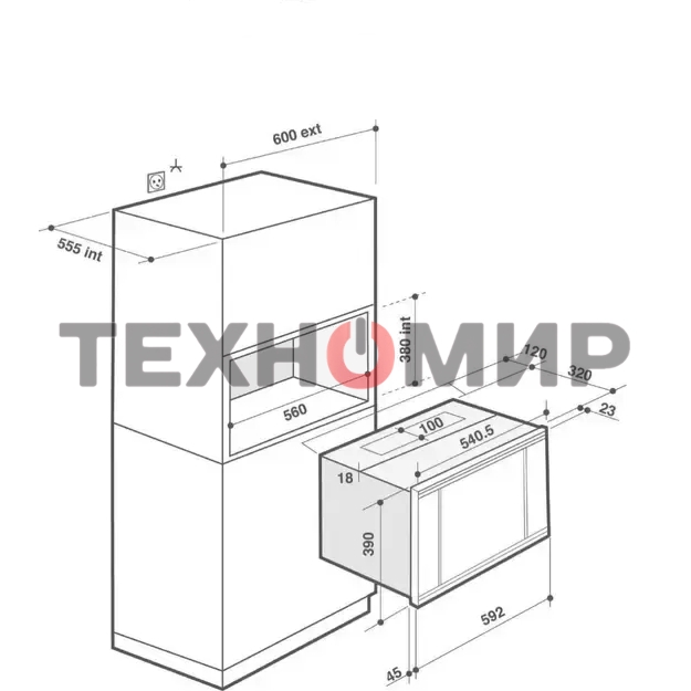 Встраиваемая микроволновая печь Brandt, 3 функции приготовления, 8 автоматических программ, гриль, размораживание, сенсорное управление, таймер, объем 25 л, защита от детей, черный