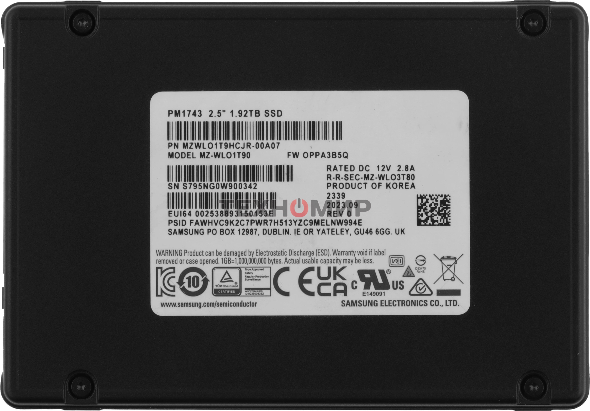 Накопитель SSD Samsung PM1743, 1.92Tb, U.3, PCIe 5.0 x4, NVMe, R/W 14000/3000