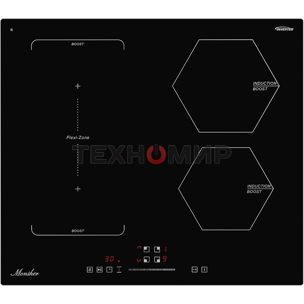 Индукционная варочная панель Monsher MHI 6016, индукция, инвертер, 60 см, 9 уровней мощности, бустер, Stop and Go, автоматическое отключение, таймер, индикатор остаточного тепла, сенсорное/слайдерное управление, черный