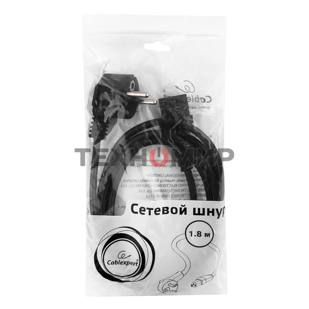 Кабель питания Cord Power Gembird/Cablexpert 1.8м, Schuko- C13, 6А, черный, с зазем.