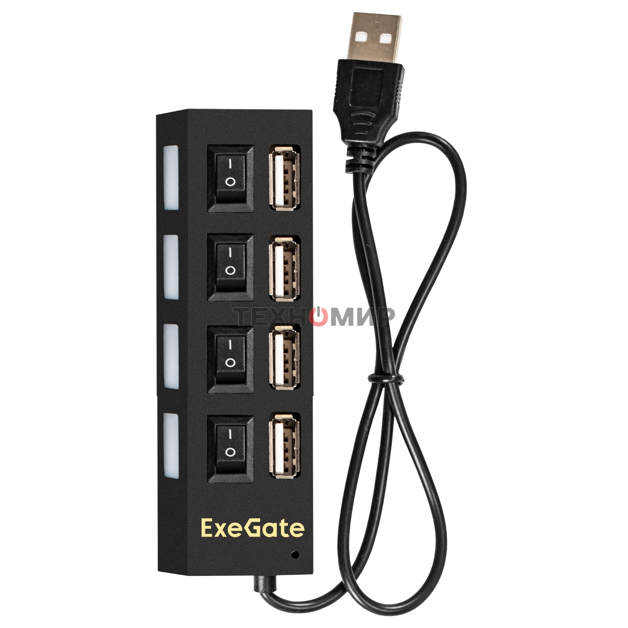 USB-концентратор ExeGate EX293977RUS DUB-42SW (кабель-адаптер USB2.0 --> 4xUSB2.0, кнопки включения/отключения для каждого порта, Plug&Play, черный)