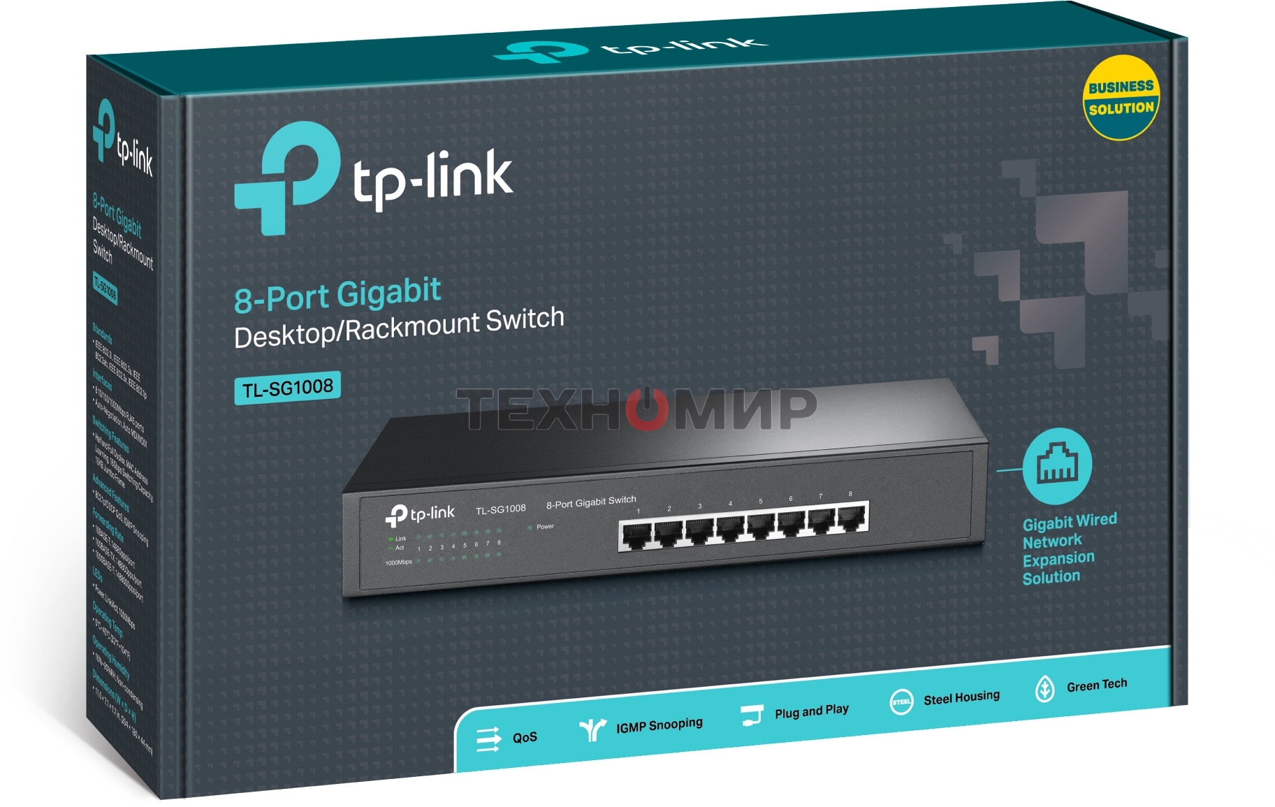 Коммутатор TP-LINK SMB TL-SG1008 8-port Gigabit Switch, 1U rack-mountable steel case