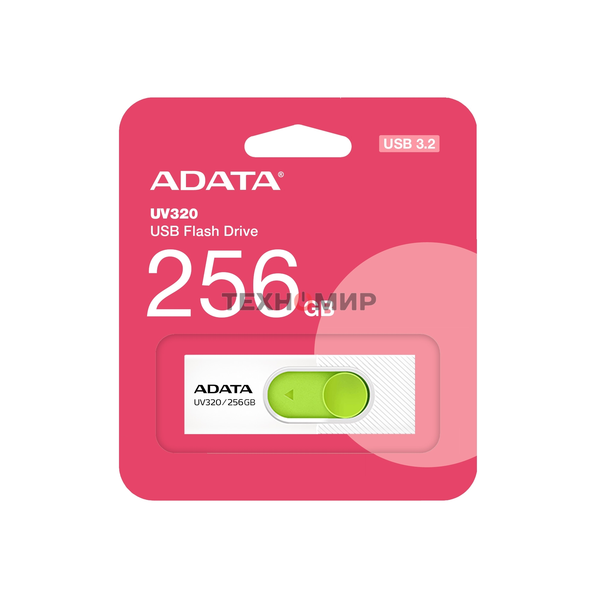 Флешка USB ADATA UV320 (AUV320-256G-RWHGN), 256Gb, USB 3.2 Gen1, R/W 100/30, белый/зеленый