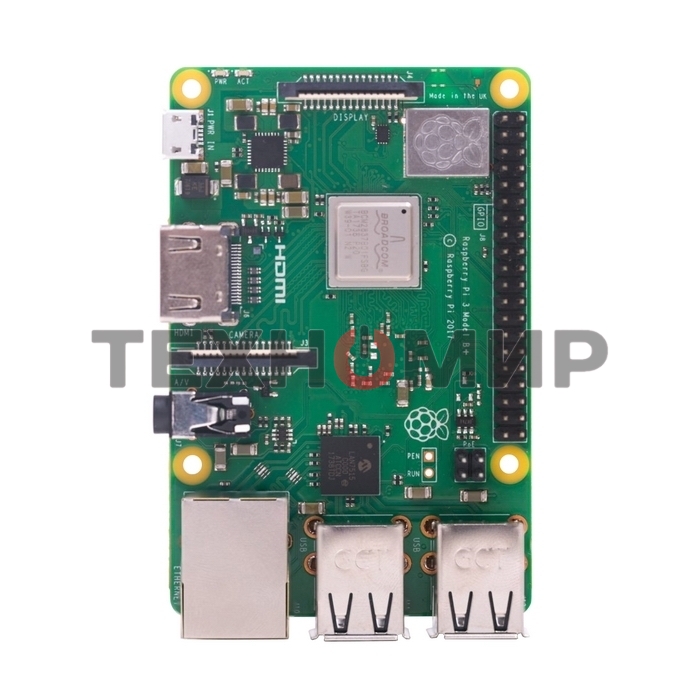 Мини ПК Raspberry Pi 3 Model B+ (RA433, E14 Version) Retail, 1Gb RAM, Cortex-A53 (ARMv8) 64-bit SoC @ 1.4GHz Broadcom BCM2837B0 CPU, WiFi, Bluetooth, 40-pin extended GPIO, 4x USB 2.0, HDMI, CSI camera port, DSI displ.port, MicroSD port (137-3331), (БП и к