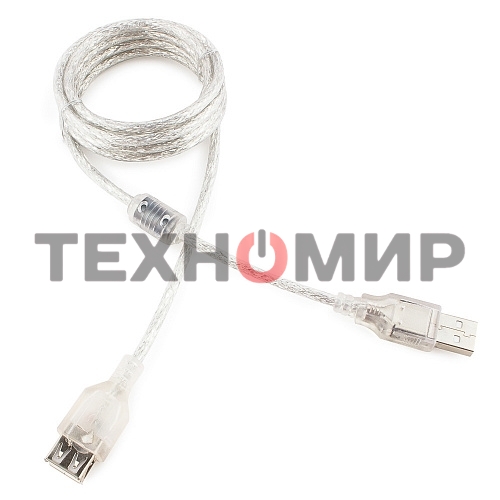 Кабель-удлинитель USB2.0 Pro Cablexpert CCF-USB2-AMAF-TR-6, AM/AF, 1,8м, экран, 2феррит.кольца, прозрачный, пакет