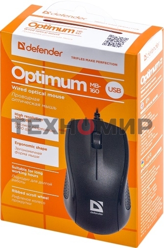Мышь проводная Defender Optimum MB-160 черный, 1000 dpi, USB, кнопки - 3