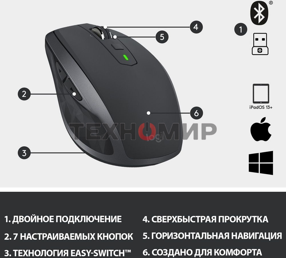 Мышь беспроводная Logitech MX Anywhere 2S графитовый, 4000 dpi, радиоканал, Bluetooth, USB, кнопки - 7