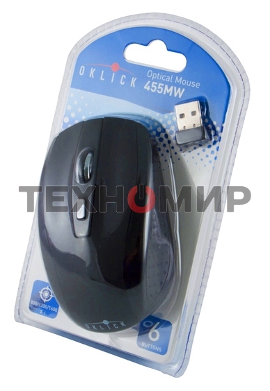 Мышь беспроводная Oklick 455MW черный, 1600 dpi, радиоканал, USB, кнопки - 6
