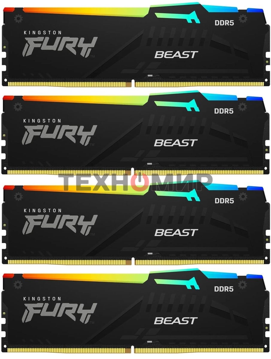 Оперативная память Kingston Fury Beast, DDR5, 128Gb (4x32 GB), 5200 MHz, CL40, DIMM, с радиатором, RGB, черный