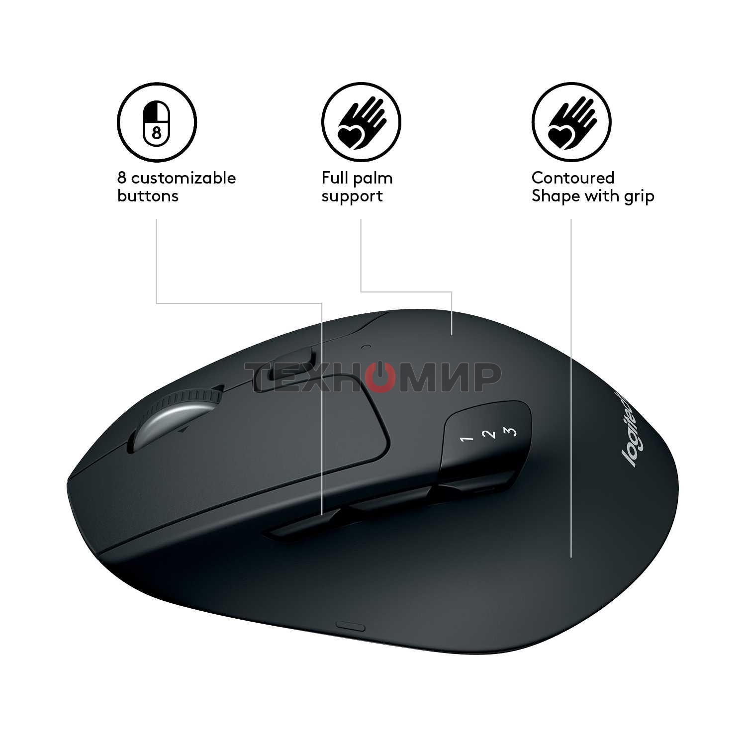 Мышь беспроводная Logitech M720 Triathlon черный, 1000 dpi, радиоканал, Bluetooth, USB, кнопки - 8