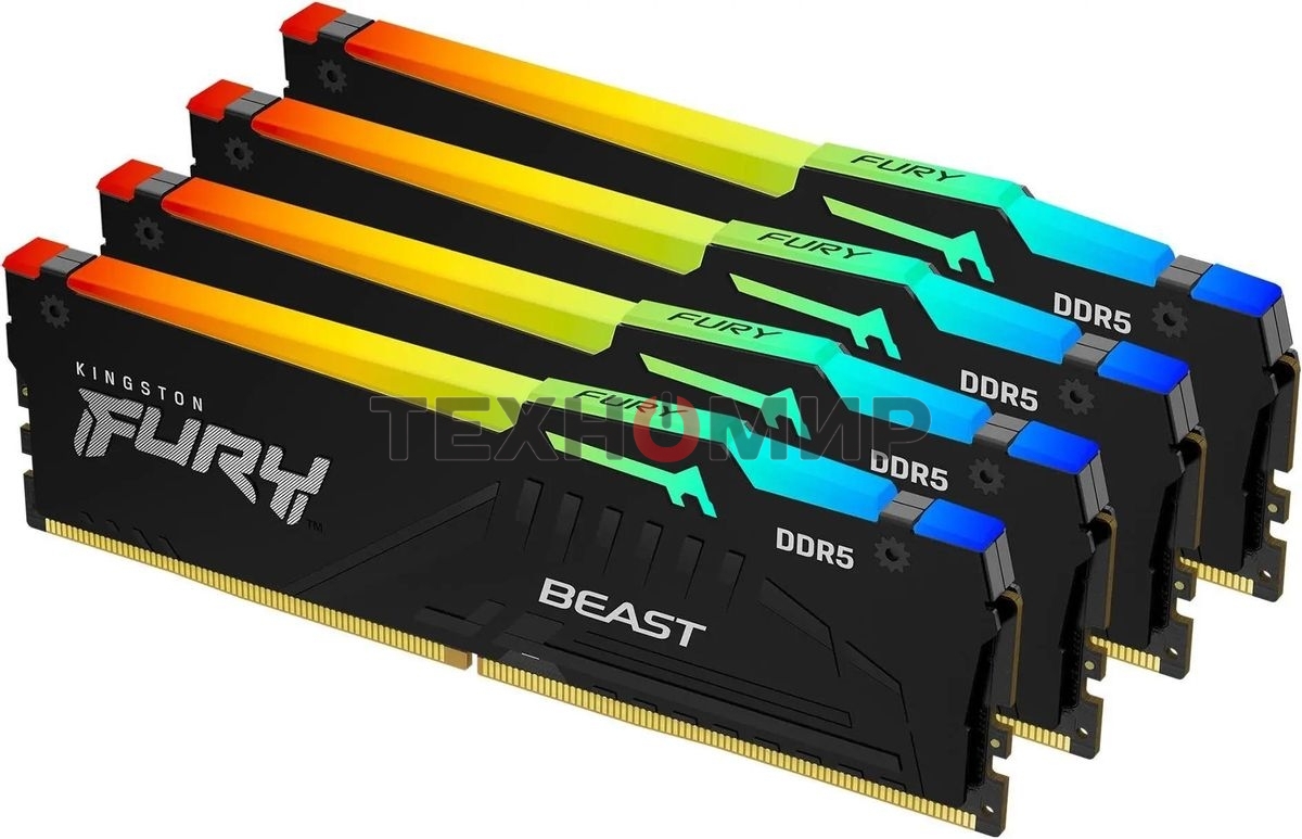 Оперативная память Kingston Fury Beast, DDR5, 128Gb (4x32 GB), 5200 MHz, CL40, DIMM, с радиатором, RGB, черный