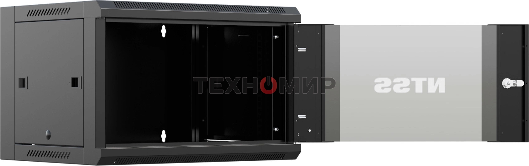 Шкаф коммутационный NTSS NTSS-W6U6045GS-BL настенный 6U 570x450 мм пер. дв. стекл 60 кг черный 350 мм 18 кг 220 град. 370 мм IP20 сталь