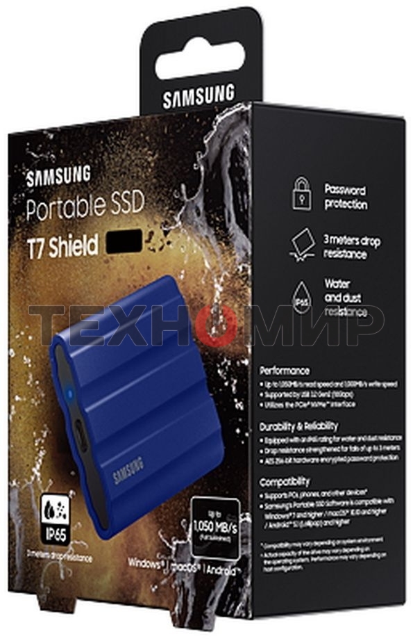Внешний SSD Samsung T7 Shield, 1TB, USB 3.2 Gen 2 Type-C, R/W 1050/1000, синий