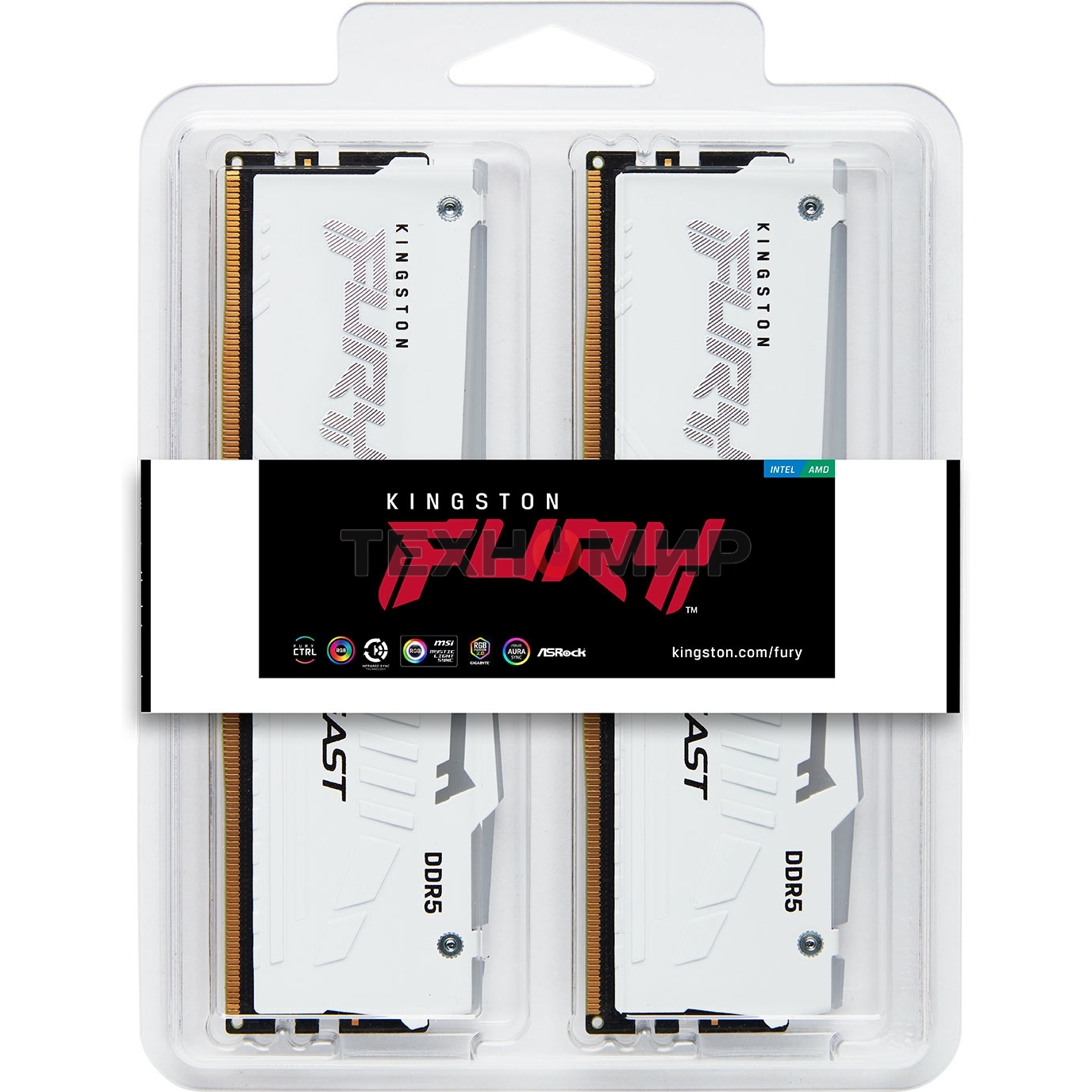 Оперативная память Kingston Fury Beast, DDR5, 32Gb (2x16GB), 5600MHz, CL36, DIMM, радиатор, RGB, белый