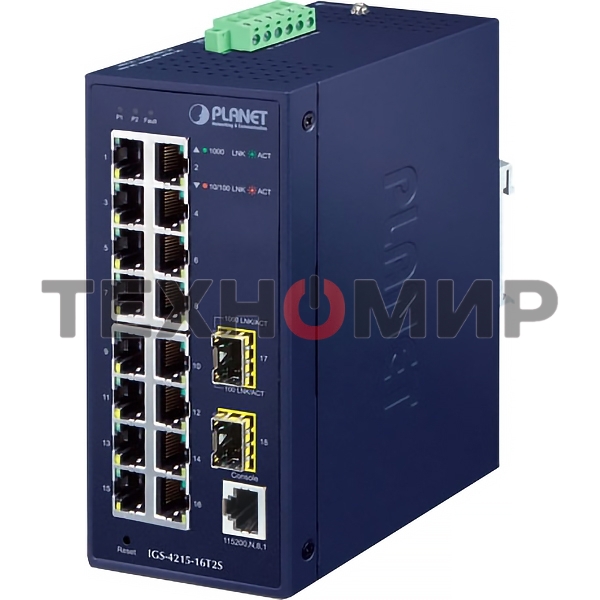 Коммутатор PLANET IGS-4215-16T2S IP30 Industrial L2/L4 16-Port 10/100/1000T + 2-Port 100/1000X SFP Managed Switch (-40~75 degrees C, dual redundant power input on 12~48VDC/24VAC terminal block)