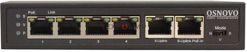 Коммутатор Osnovo SW-20600/D удлинитель FE на 6 портов с питанием по PoE, 4 *10/100 Base-T PoE, 1 *10/100 Base-T Uplink с поддержкой питания по PoE (до 90W), 1 *10/100 Base-T Uplink, PoE на порт - до 30W, суммарно до до 87W
