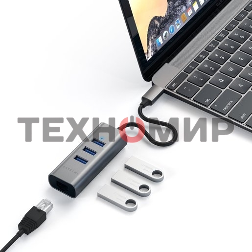 USB-концентратор Satechi Type-C 2-in-1 USB 3.0 Aluminum 3 Port Hub and Ethernet Port. Интерфейс Type-C. серый космос.