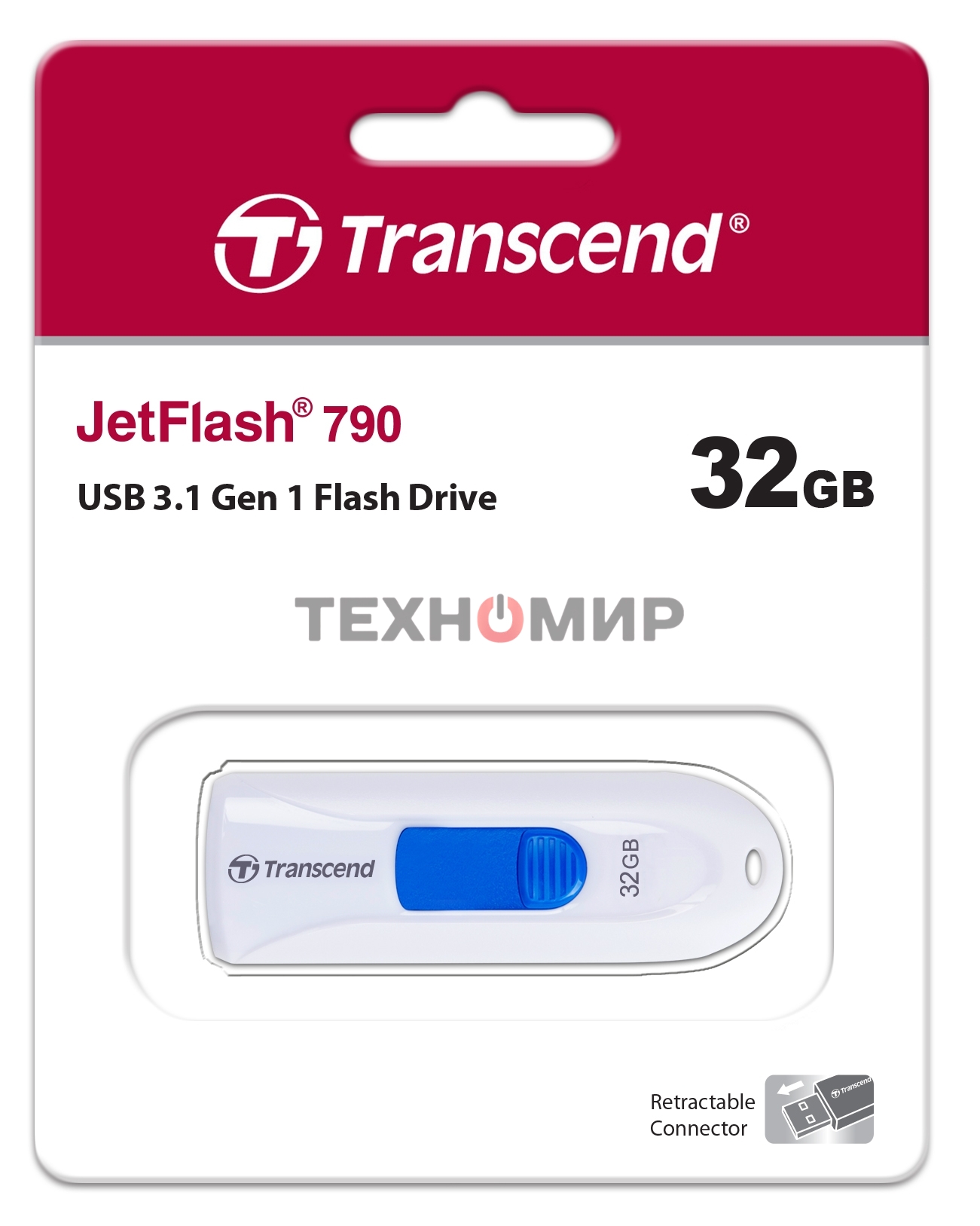 Флешка USB Transcend JetFlash 790 (TS32GJF790W), 32Gb, USB 3.0, R/W 90/40, белый/синий