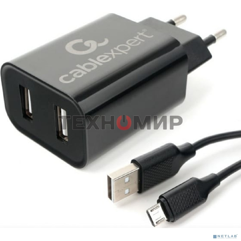 Сетевое зарядное устройство Cablexpert MP3A-PC-35 USB 2 порта, 2.4A, черный + кабель 1м micro