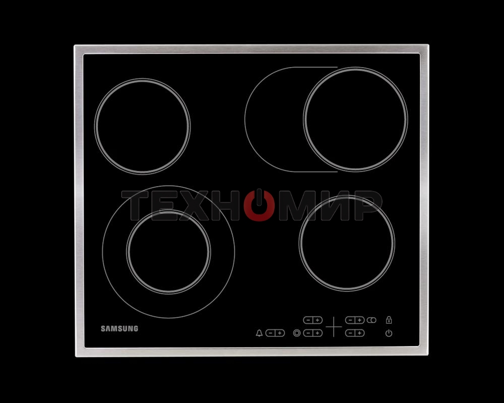 Встраиваемая электрическая панель Samsung NZ64T3516CK/WT, 575x505x55 мм, стеклокерамика, 4 конфорки, рамка - нержавеющая сталь,сенсорное управление, светодиодный LED-дисплей, защита от детей, черный