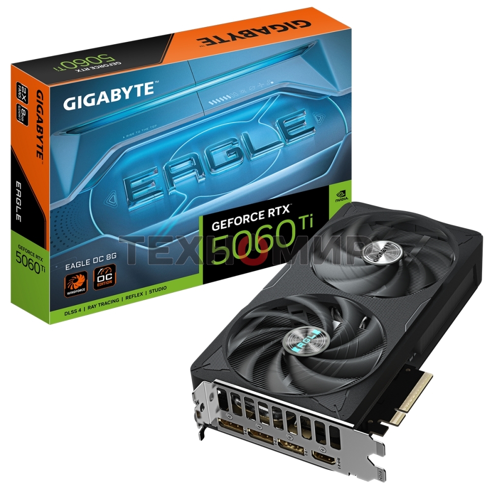 Видеокарта Gigabyte GeForce RTX 5060 Ti Eagle OC, NVIDIA RTX 5060 Ti, 8 ГБ GDDR7, 128 бит, PCI-e 5.0, 1xHDMI, 3xDP, 2617 МГц