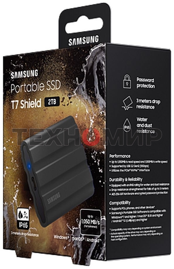 Внешний SSD Samsung T7 Shield, 2TB, USB 3.2 Gen 2 Type-C, R/W 1050/1000, черный