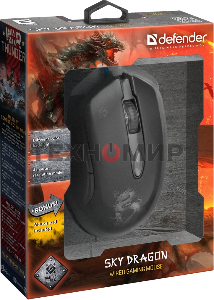 Мышь проводная Defender Sky Dragon GM-090L черный, 3200 dpi, USB, кнопки - 6