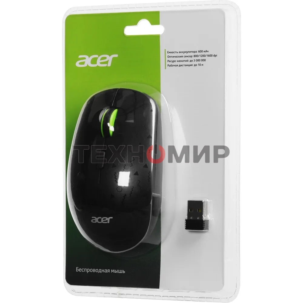 Мышь беспроводная Acer OMR307 черный, 1600 dpi, радиоканал, USB, кнопки - 4