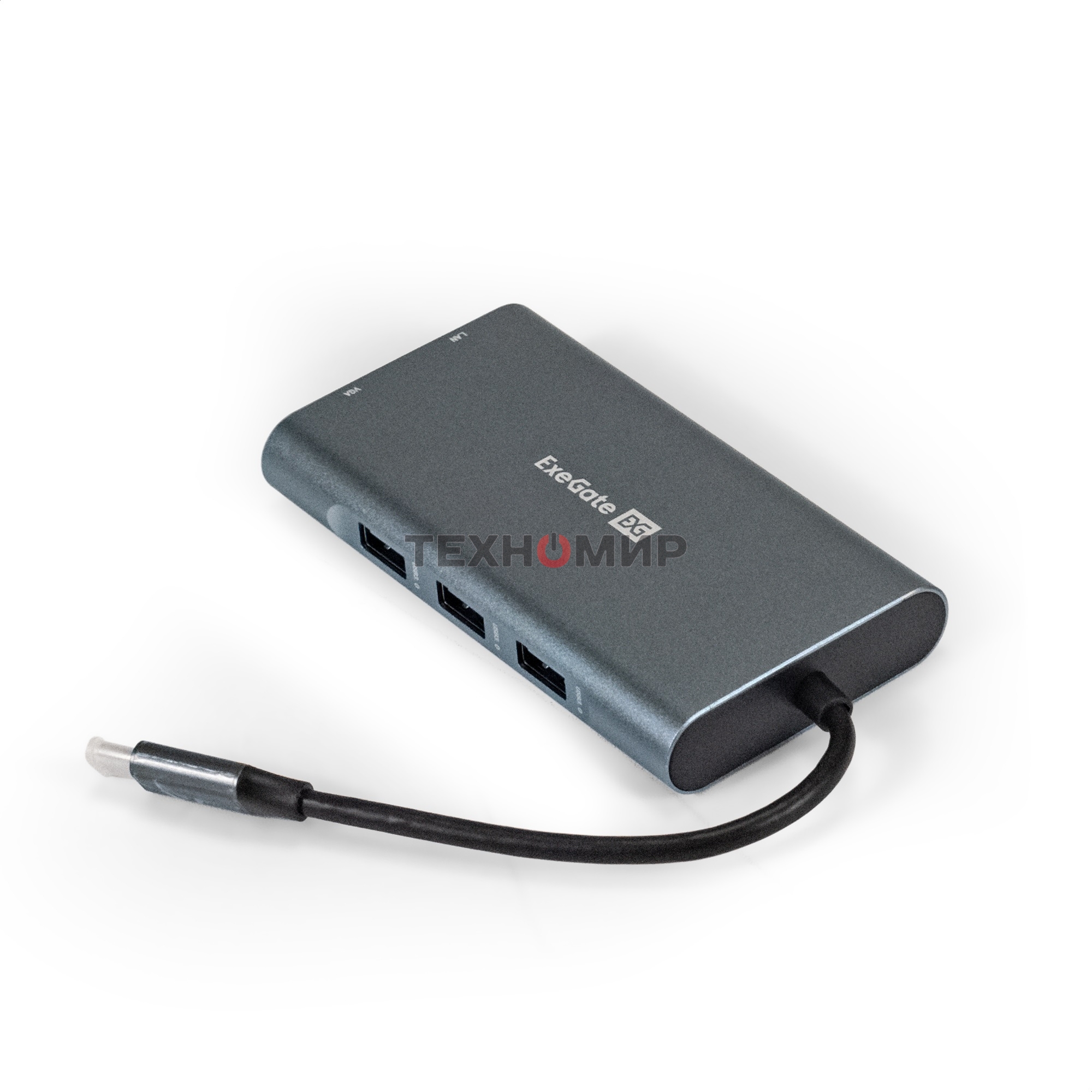 USB-концентратор ExeGate EX293985RUS DUB-31C/MAX (кабель-адаптер USB Type-C --> 3xUSB3.0 + Card Reader + PD 100W + HDMI 4K@30Hz + VGA + Audio + Lan RJ45 10/100/1000Mb, Plug&Play, серый)