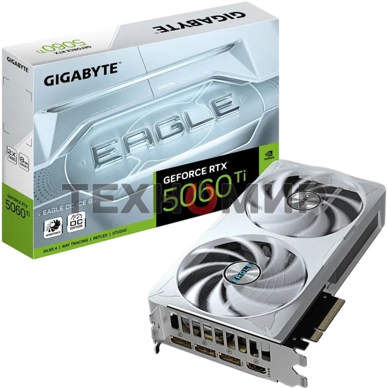 Видеокарта Gigabyte GeForce RTX 5060 Ti Eagle OC Ice, NVIDIA RTX 5060 Ti, 8 ГБ GDDR7, 128 бит, PCI-e 5.0, 1xHDMI, 3xDP, 2617 МГц
