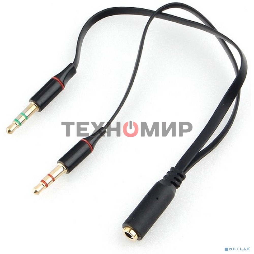 Кабель аудио Cablexpert CCAB-02-35F2M-0.2MB. 3.5 Jack 4pin(F)/2х 3.5 Jack(M) наушники и микрофон, черный, 0.2м, блистер