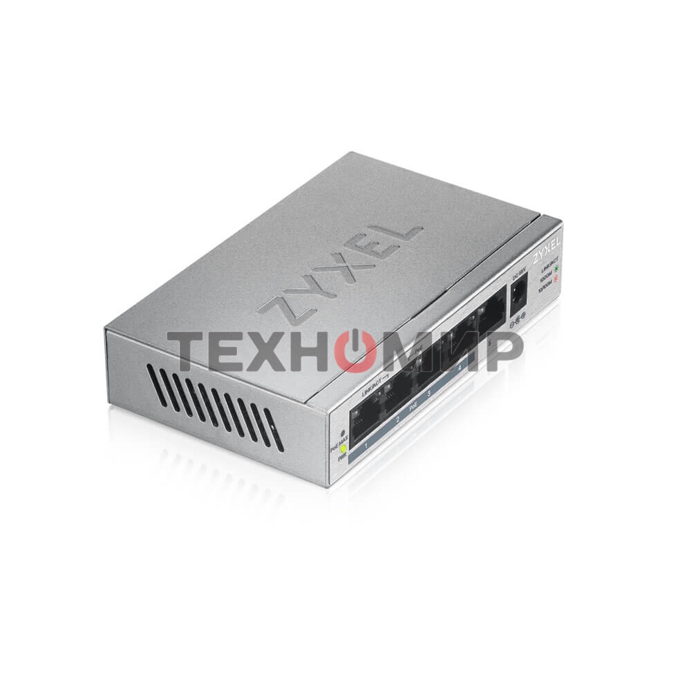 Коммутатор Zyxel GS1005HP Switch PoE +, 5xGE (4xPoE +), desktop, metal, silent, PoE budget 60 W