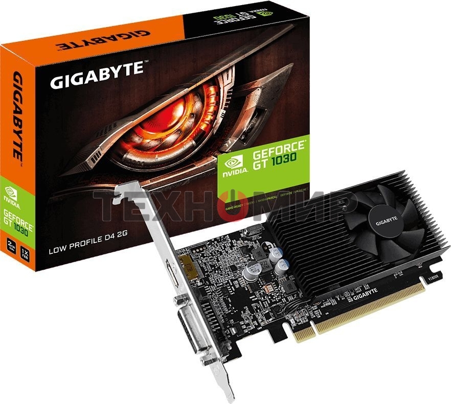 Видеокарта Gigabyte GV-N1030D4-2GL NVidia GeForce GT 1030, 2Gb DDR4/64-bit, PCI-Ex16 3.0, DVI-Dx1, HDMI2.0bx1, LP, 2-slot cooler, Retail