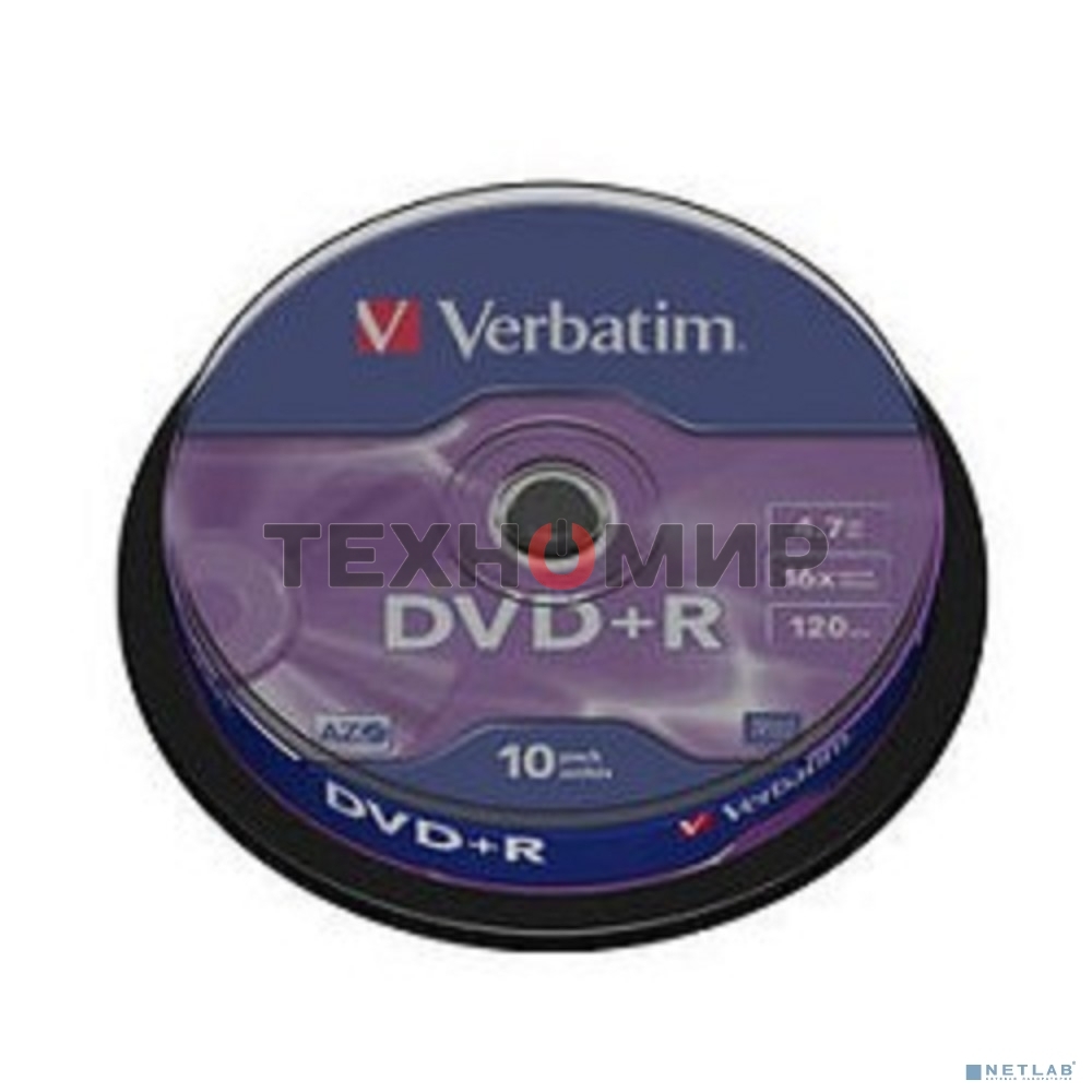 Диск DVD+R Verbatim 4.7Gb 16x Cake Box (10шт) (43498)