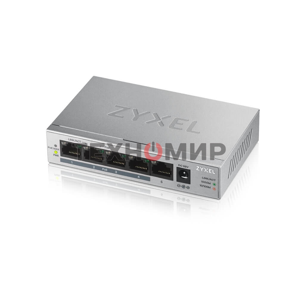 Коммутатор Zyxel GS1005HP Switch PoE +, 5xGE (4xPoE +), desktop, metal, silent, PoE budget 60 W