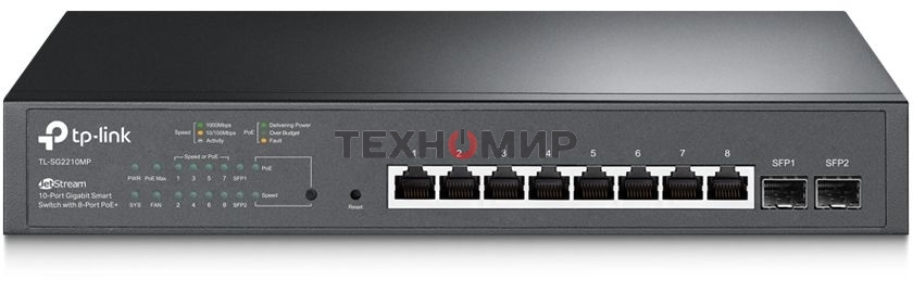 Коммутатор TP-Link JetStream 10-Port Gigabit Smart Switch with 8-Port PoE+, 8× Gigabit PoE+ Ports, 2× Gigabit SFP Slots, 802.3at/af, 150 W PoE Power, 1U 13-inch Rack-mountable Steel CaseIntegration with Omada SDN Controller, 802.1Q VLAN, STP/RSTP/MSTP, IG