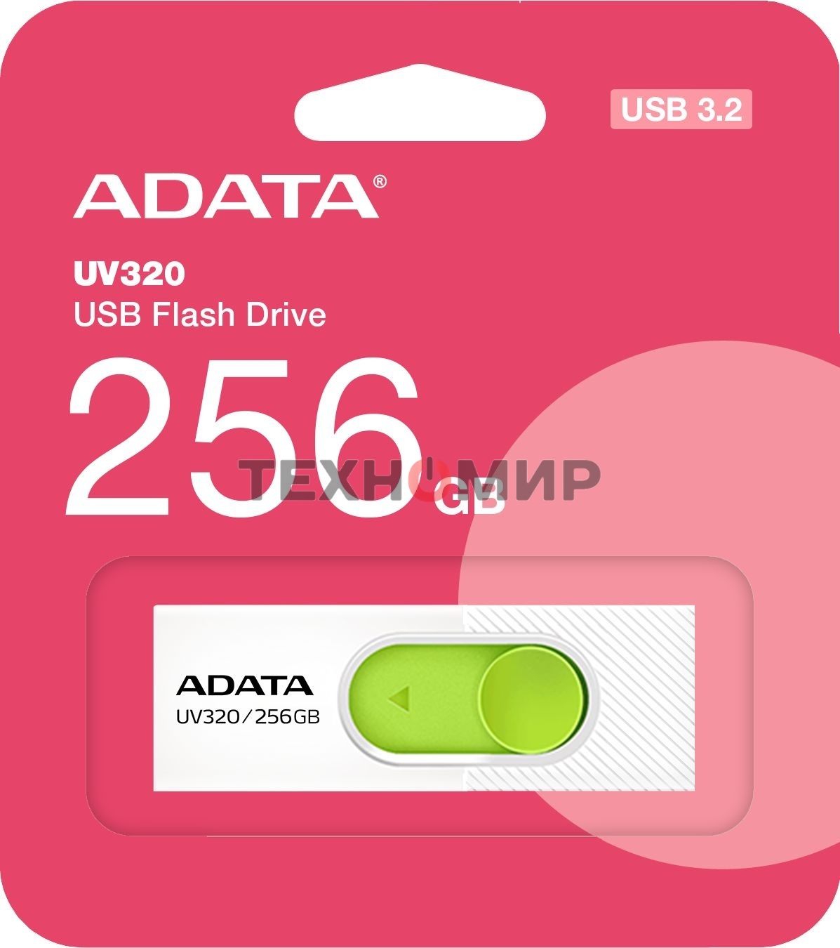 Флешка USB ADATA UV320 (AUV320-256G-RWHGN), 256Gb, USB 3.2 Gen1, R/W 100/30, белый/зеленый