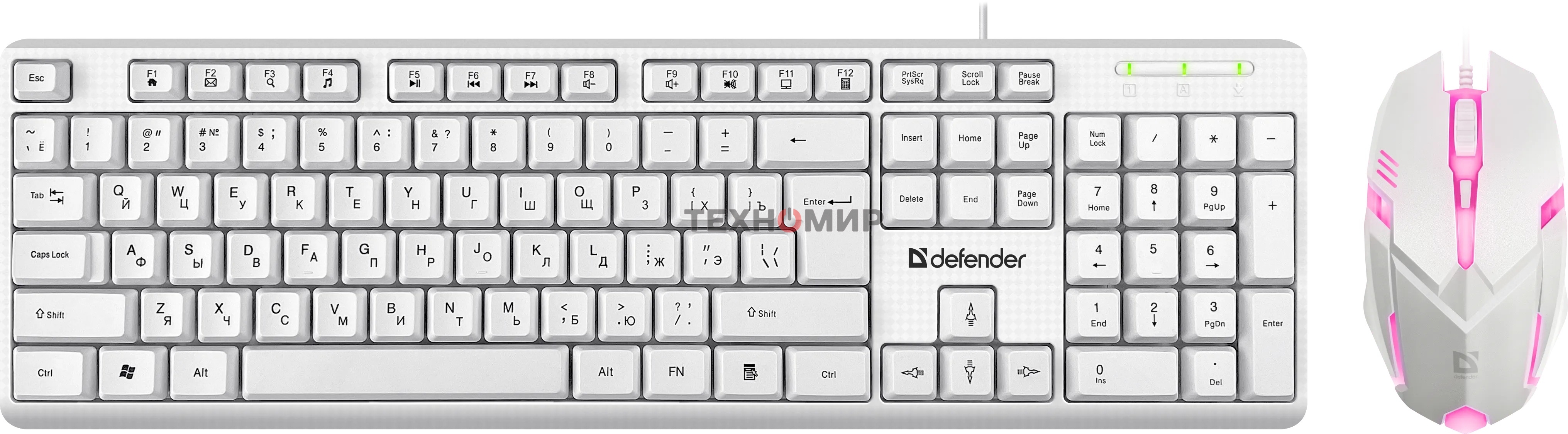 Комплект клавиатура+мышь Defender Motion C-977 проводной, USB, 1600 DPI, белый