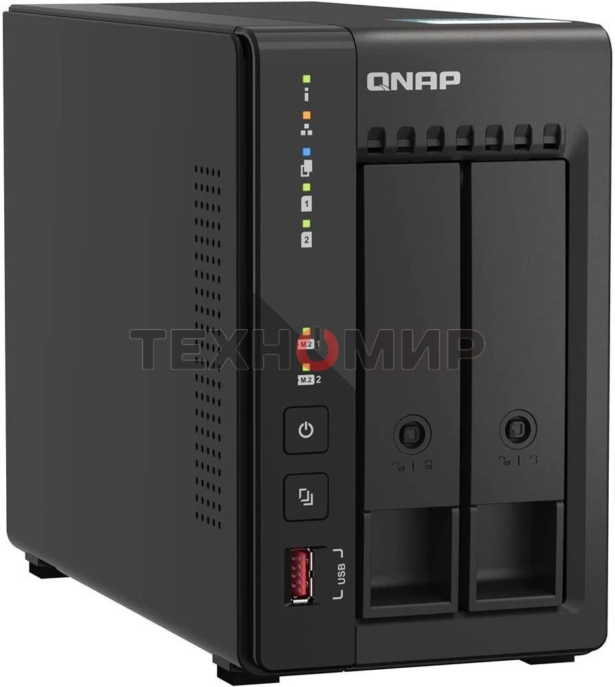 SMB QNAP TS-253E-8G NAS, 2-tray w/o HDD. 2xHDMI-port. 4-core Celeron J6412 2-2.6 GHz, 8Gb DDR, 2x2.5Gb LAN, 2 x M.2 2280 PCIe Gen 3 x2, 2x USB 3.2 Gen 2 (10Gbps) Port, 2x USB 2.0 port
