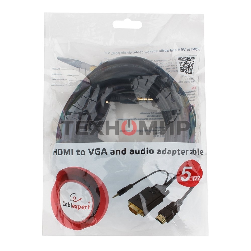 Кабель HDMI->VGA Cablexpert A-HDMI-VGA-03-5M, 19M/15M + 3.5Jack, медь, позол.разъемы, 5м, черный, пакет