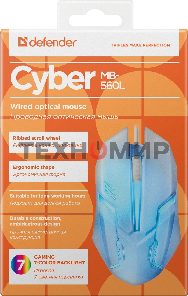Мышь проводная Defender Cyber MB-560L белый, 1200 dpi, USB, кнопки - 3