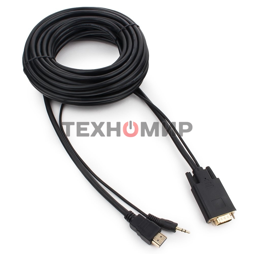 Кабель HDMI->VGA Cablexpert A-HDMI-VGA-03-10M, 19M/15M + 3.5Jack, медь, позол.разъемы, 10м, черный, пакет