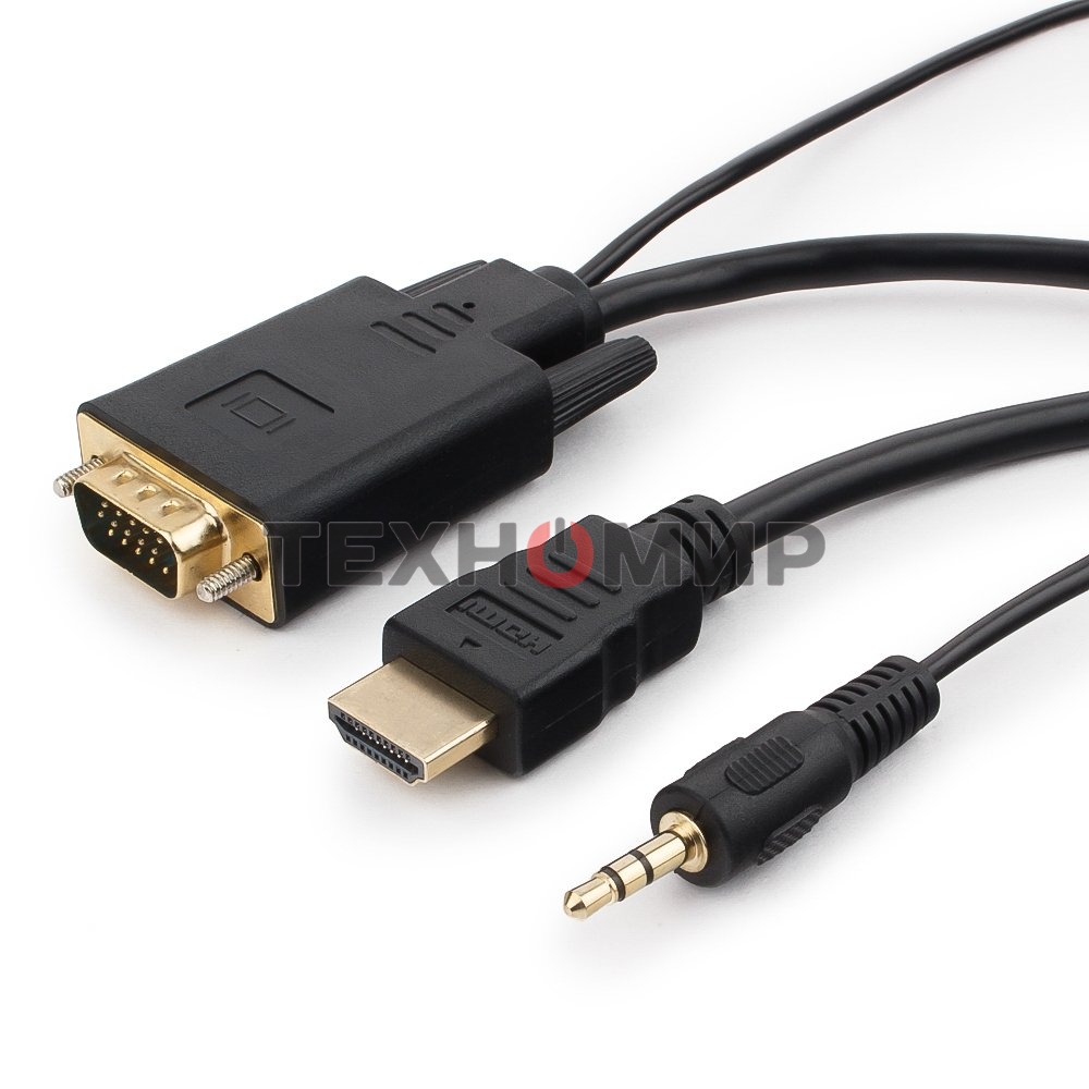 Кабель HDMI->VGA Cablexpert A-HDMI-VGA-03-10M, 19M/15M + 3.5Jack, медь, позол.разъемы, 10м, черный, пакет