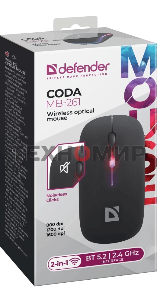 Мышь беспроводная Defender Coda MB-261 черный, 1600 dpi, радиоканал, Bluetooth, USB, кнопки - 4