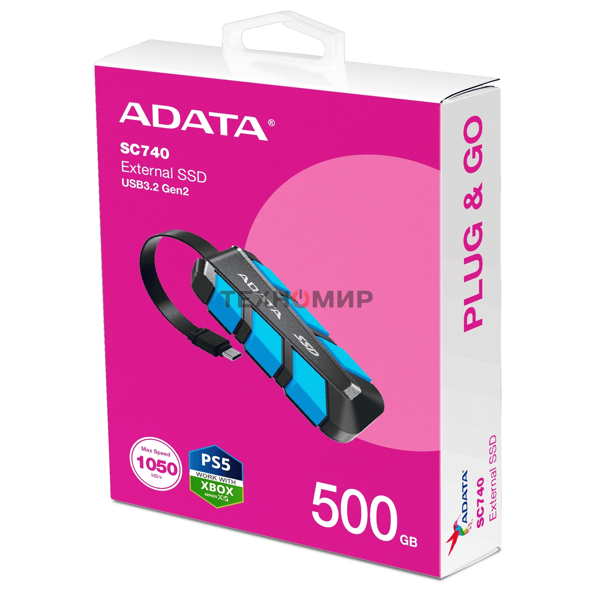 Внешний SSD ADATA SC740, 500 Gb, USB 3.2 Gen 2 Type-C, R/W 1050/1000, синий