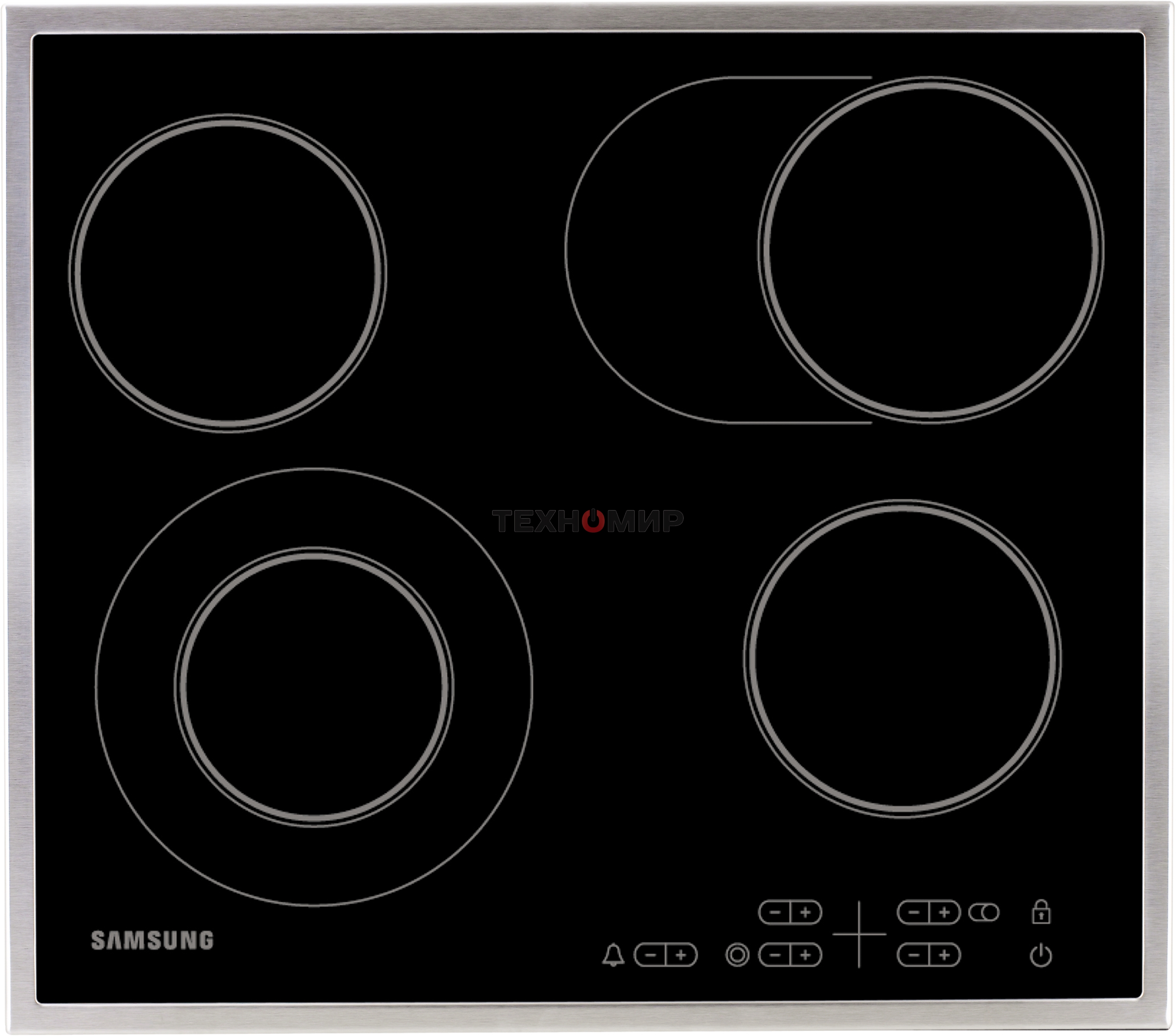 Встраиваемая электрическая панель Samsung NZ64T3516CK/WT, 575x505x55 мм, стеклокерамика, 4 конфорки, рамка - нержавеющая сталь,сенсорное управление, светодиодный LED-дисплей, защита от детей, черный